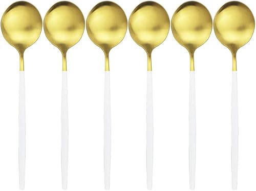 Miniatura 10 de Juego de 6 cucharas doradas mate de acero inoxidable, cuchara de sopa, cuchara de postre de mango largo para ensalada de arroz y gachas de avena