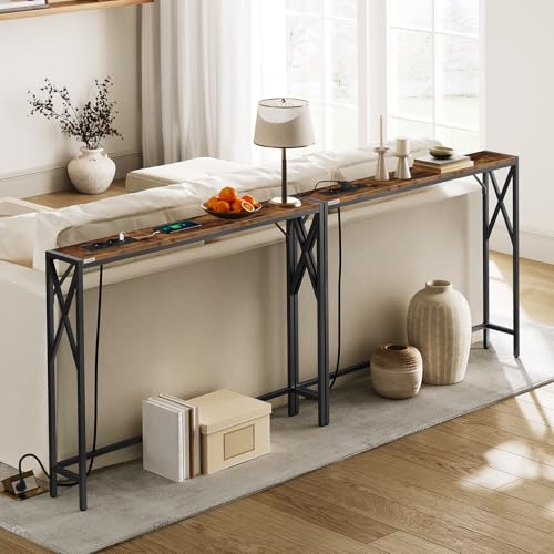 MAHANCRIS Mesa Auxiliar con Base de Carga, Mesita de Entrada, Juego de 2 Consolas para Entrada, Mesa de Pasillo, Vintage para Respaldo de Sofá, Adecuada para Entrada, Pasillo, Marrón ACTHR151UE01S2V - imagen 6