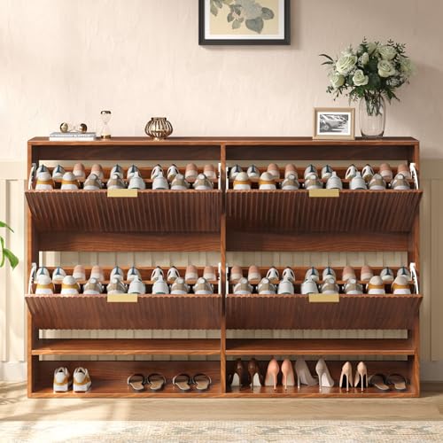 Hootata 47.2\'\'W Walnut Shoe Storage Cabinet for Entryway with 4 Flip Drawers, Fluted Slim Shoe Cabinet, Free Standing Wooden Shoes Organizer for Foyer, Hallway