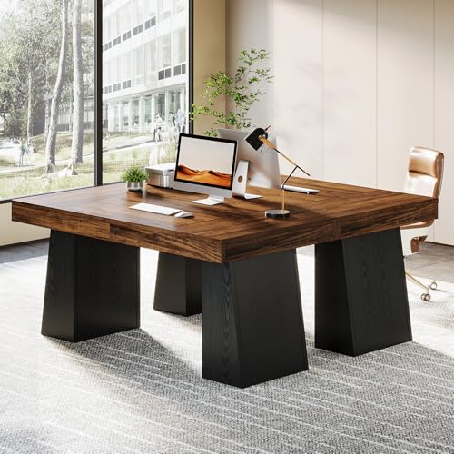 Image of Tribesigns 55-Inch Executive Desk, Large Wood Office Computer Desk with Double Pedestal, Modern Minimalist Workstations Writing Table Conference Table Furniture for Home Office, Walnut&Black