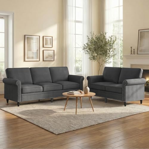 Mjkone Ensemble canapé 2 pcs lin confortable gris foncé pieds bois