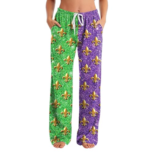 Kasopp Women Mardi Gras Print Pajama Pants Wide Leg Lounge PJ Bottoms with Pockets & Drawstring