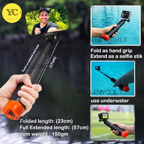 Image of YellowCult 4-in-1 Floating Selfie Stick for GoPro Hero 13 /12 /11 /10 /9 /8 /7 /6 /5 /4 /3, Max, AKASO, Insta360, Fusion, Session, DJI OSMO- Floating Handle,Extendable Monopod,Hand Grip,Tripod Stand