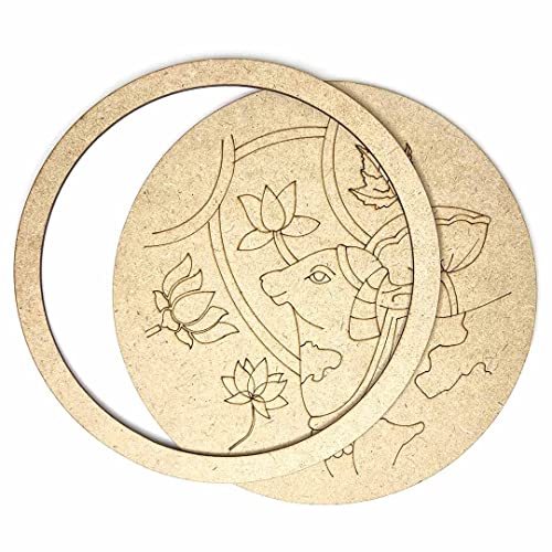 Image of ADIKALA Pichwai Cow & Lotus Mdf Design Engraved Wall Plate With Frame DIY Craft
