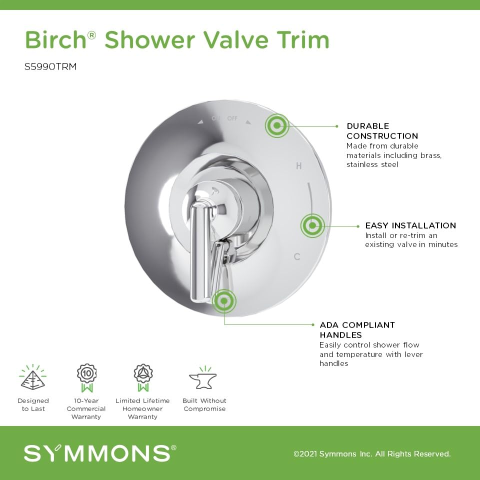 Symmons Birch Juego de Recortes para Válvula de Ducha Montada en Pared | Acabado Cromo Pulido con Palanca Control de Volumen (Válvula no incluida) - S5990TRM miniatura 4
