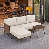 EAST OAK 3-Piece Patio Furniture Set | Life Chatter 4-Seat Outdoor Furniture | Sectional Sofa Set with Round Coffee Table | Deep Seating Sofa with Thick & Washable Cushions | Chestnut & Apricot