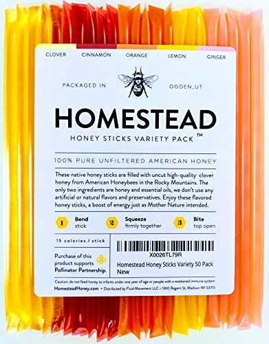 Homestead Flavored Honey Sticks (50 Pack), 5 Flavors Include Clover, Cinnamon, Orange, Lemon