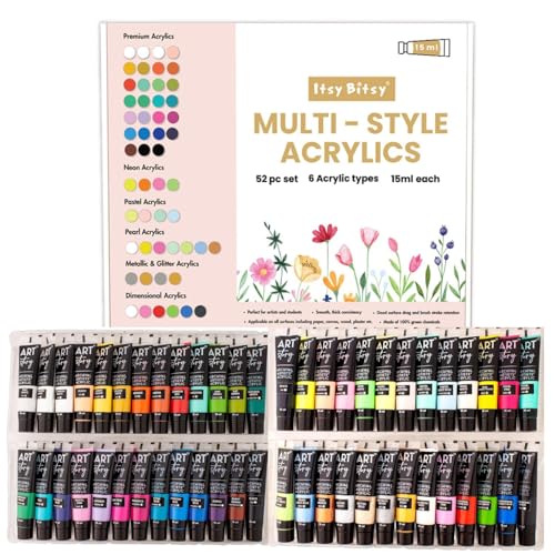 Image of Itsy Bitsy Multi Style Acrylic Paint Set 52 Colors x 15ml Each Box | Premium Artist Paints for Canvas Wood Fabric Glass | Non-Toxic Water-Based Colors for Beginners Students & Professionals