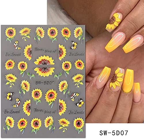 5D Engraved Sunflower Nail Art Stickers Yellow Black Floral Flower Acrylic Embossed Sliders Summer Nail Decals Manicure Decoration For Women Girls Nails Painting Charms Accessories #TOP3