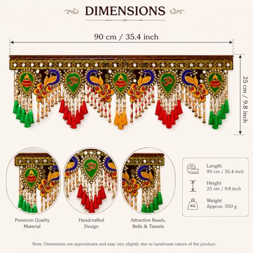 Image of ONESTA Handcrafted Peacock Door Toran with Om & Kalash Design | Decorative Bandhanwar with Mirror Work Bells & Tassels | Traditional Hanging for Main Door | Diwali Pooja Temple Home Entrance & Festival Decoration 3 Feet Size 36 Inch Pack 01)