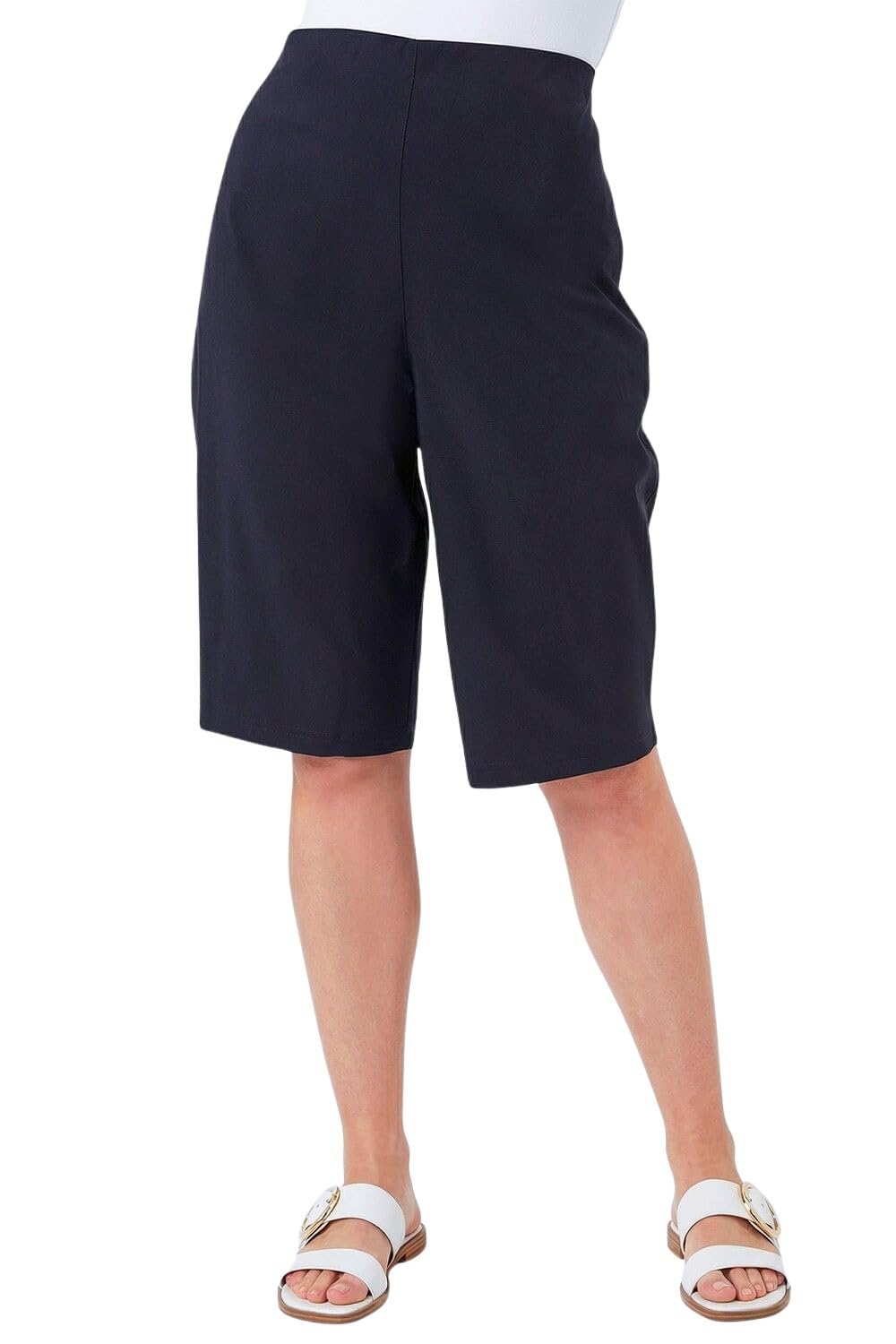 Roman Curve Knee Length Elastic Waist Stretch Bengaline Shorts - Black - Size 30-32