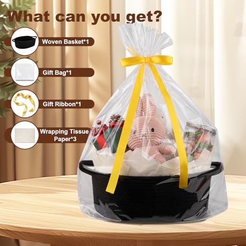 Image of OIAHOMY Gift Basket with Handle, Small Woven Basket with Gift Bag, Ribbon and Wrap Tissue Paper, Nursery Bins Empty to Fill with Small Items, Baby, Pet Toy Organizer - Black