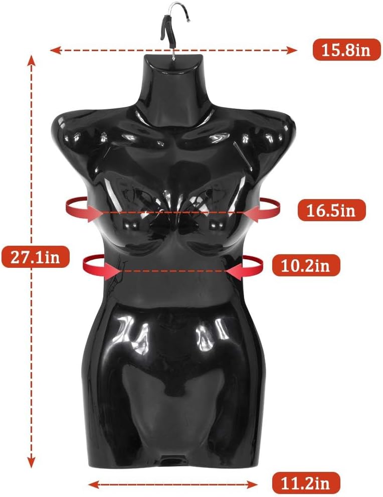Female Mannequin Torso, 4 Packs Mannequin Hanger, 27 Inch Torso Manikins with Metal Hanging Hook, Plastic Mannequins Torso for Clothing, Accessories, Shirt Display, Mannequin Torso Woman (Black)