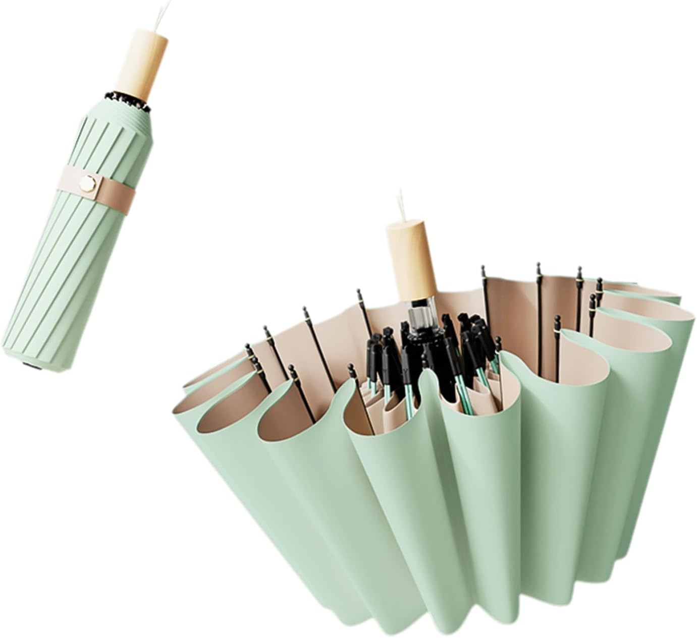 Compact Windproof Mini Umbrella with Wooden Handle - Lightweight UV Protection Travel Parasol for Sun & Rain - Portable Design for Men, Women & Teens - Green Color