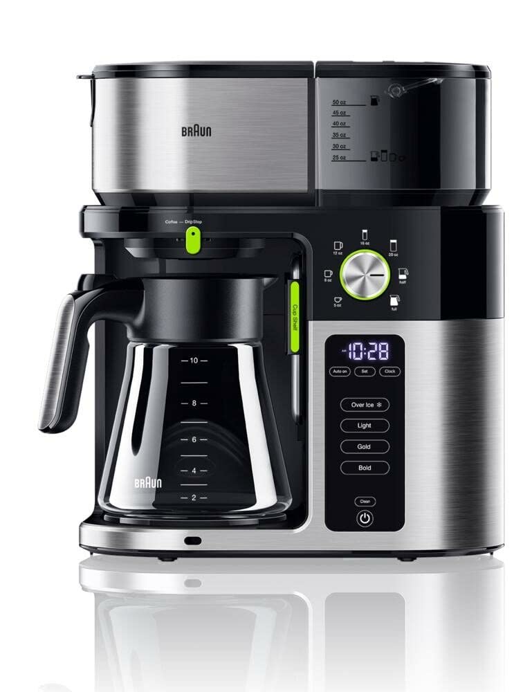 Braun MultiServe KF 9050 BK - Cafetera de filtro con jarra de cristal, selección directa de 7 tamaños para hasta 10 tazas, pantalla táctil, temporizador, 1750 W, acero inoxidable/negro