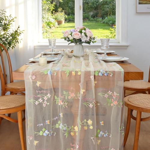 LOMOHOO Table Runner Beige 71x305cm Wedding Table Decoration with Embroidery and Tulle, Cheesecloth Table Runners Lace Tablecloth Sheer Embroidery Gauze for Bridal Shower Birthday Party Dining Table - Image 6
