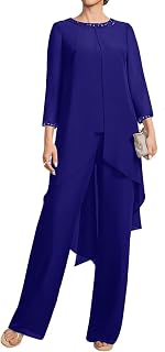 3 Pieces Mother of The Bride Dresses Pant Suits for Wedding Guest Groom Formal Outfit Sets Beaded with Long Jacket