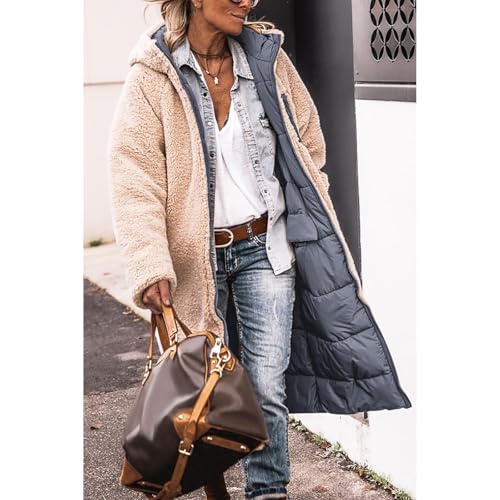 Womens Puffer Coat Trendy Reversible Sherpa Jacket Long Shearling Fleece Coats Zip Up Hoodie Warm Winter Outerwear3