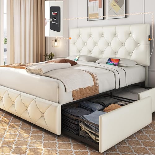 YaheetechQueen Size Upholstered Bed Frame with 2 USB Charging Stations/Ports for Type A & Type C/4 Storage Drawers/Adjustable Headboard, Faux Leather Platform Bed with Strong Wooden Slats, Beige