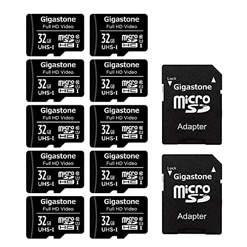 Gigastone Carte Mémoire 32 Go Lot de 10 Cartes, Haute Vitesse de Lecture allant jusqu'à 90 Mo/s. idéal pour Drone Full HD Vidéo Caméra Android U1 C10 Carte Micro SDHC avec 4 étuis et 2 adaptateurs SD