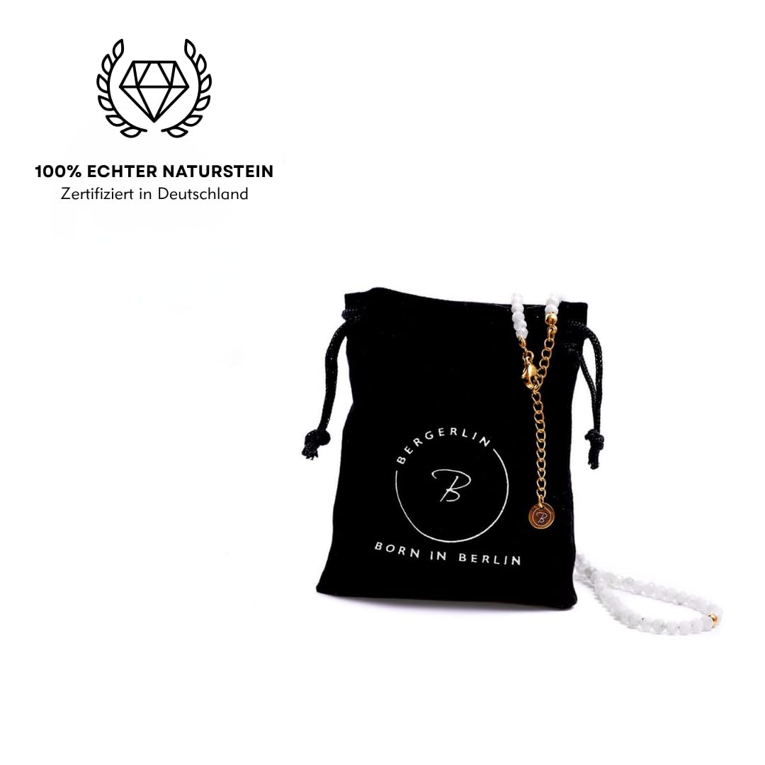 BERGERLIN Naturstein Perlen Halskette - Naturstein geprüft in Deutschland, Kette mit Verschluss und 925 Sterling Silberperle oder vergoldeter Perle, mit Echtheitszertifikat, für Damen und Herren