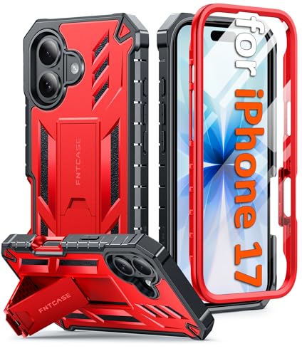 FNTCASE for iPhone 17 Phone Case: Military Grade Drop Proof Protection Mobile Cover with Kickstand | Matte Textured Rugged Shockproof TPU | Protective Sturdy Phone Case - 6.3 inch Red