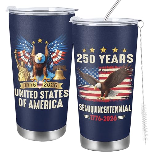 Image of AFRITEE 250th Anniversary USA Tumbler, 4th of July Decorations 20oz Insulated Coffee Travel Mug, 1776-2026 USA Birthday Gift Patriotic Stainless Steel Cup with Lid & Straw