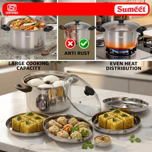 Image of Sumeet ISI Certified Stainless Steel Steamer Pot with Glass Lid, 4 LTR | Induction & Gas Compatible Multipurpose Pot, Includes 4 Idli Plates, 2 Dhokla /Patra, 2 Momo /Modak, Heavy Bottom, Stackable