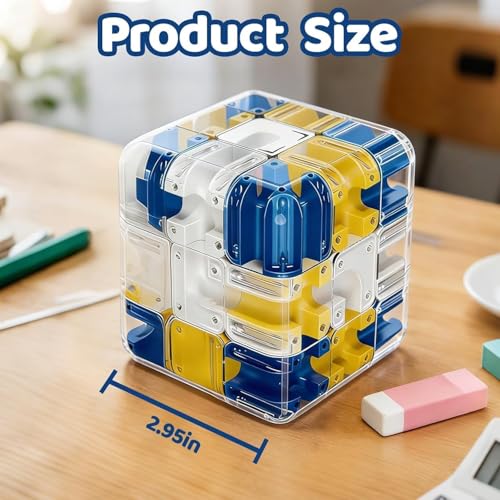 Image of 3D Maze Puzzle Cube with Metal Ball Inside - Transparent Handheld Marble Run Brain Teaser Game for Kids & Adults | Focus Skill Development Educational Toy and Stress Relief Challenge (Blue)