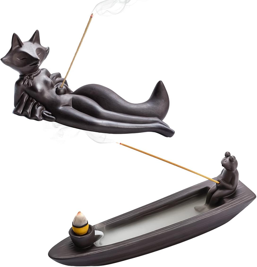 ChangWanna Cool Incense Holder Set - Ceramic Cone Backflow Incense Burner Smoke Fountain, Back Flowing Incense Diffuser, Frog Ornament for Aromatherapy/Yoga/Home Decor