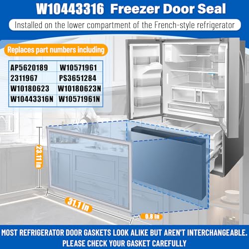 Image of Upgraded 31 inchx23 inch W10443316 Freezer Door Gasket Replacement Compatible with Whirlpool Kenmore KitchenAid, W10180623 Refrigerator Gasket Replace W10571961 W10443316N W10571961N fridge Seal - Folding