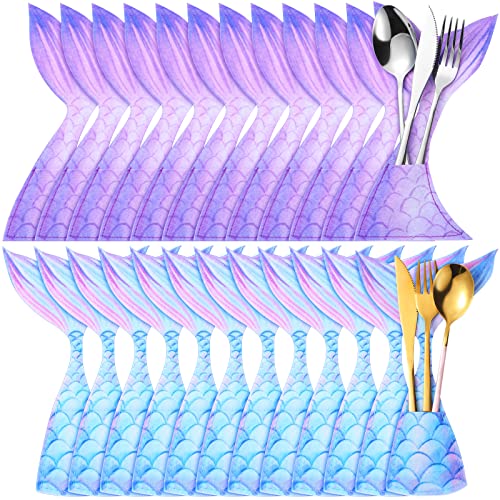 Yaomiao 24 Pack Mermaid Cutlery Holder Bag Mermaid Tail Shaped Utensil Holder Pouch Tableware Knife Fork Cover for Themed Party baby shower Decorations Birthday Party Supplies