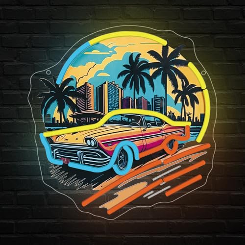 Image of Sports Car Neon Signs for Wall Decor,Racing Car LED Signs for Bedroom,Cool UV Print Hawaiian Style Neon Sign for Boys And Girls Room,Sunset Lamp Man Cave Garage Gaming Lights Game Room Decor
