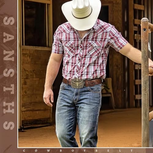 Image of SANSTHS Western Cowboy Belts for Men Women, Mens Western Belt Bull Buckle Country Belt Cowboy Leather Belt for Jeans