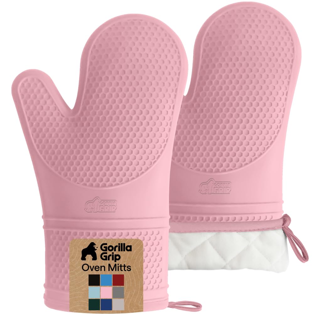 GORILLA GRIP Silicone Oven Mitts, 550F Heat Resistant, 12.5x8.3, Pink