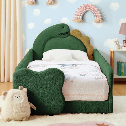 Twin Size Kids Bed with Dinosaur Headboard Upholstered Boucle Fabric Twin Daybed with Slats Support & Side Pocket Space-Saving Wooden Corner Sofa Couch Day Bed Frame for Girl Boy Teenager(Green)