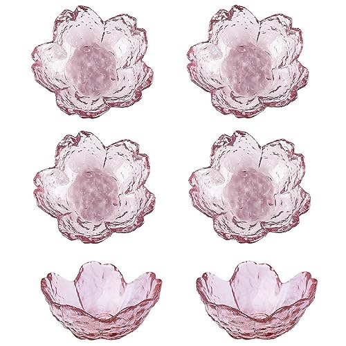 JJQHYC 6 cuencos de inmersión, platos pequeños para salsas, plato para bolsas de té, cuencos de vidrio rosa con forma de Sakura para sushi y salsa de soja