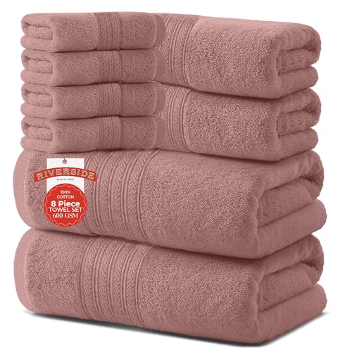 RIVERSIDE Pack of 8 Towels Set 2 Large Bath 2 Hand 4 Face Washcloths 100% Cotton Hotel Quality Super Soft Quick Dry Highly Absorbent Perfect for Bathroom Dusty Rose