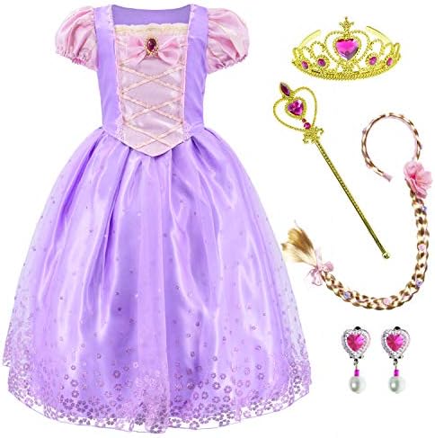 Princess Costume Dress for Girls Party Dress Up With Braid,Earings,Tiaras & Wand 5-6 Years