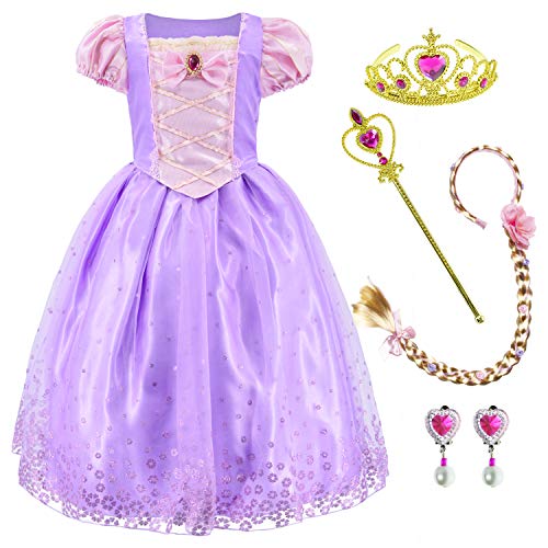 Princess Costume Dress for Girls Party Dress Up with Braid,Earings,Tiaras & Wand 5-6 Years Light Purple
