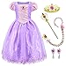 Princess Costume Long Hair Rapunzel Dress for Girls Party Dress Up with Braid,Earings,Tiaras & Wand 5-6 Years Light Purple