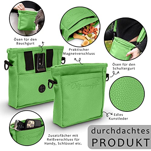Ostfriesenpfoten® Leckerlibeutel 'Frieda' für Hunde aus hochwertigem Kunstleder - Grün Größe M - Futterbeutel mit EasyOpen Einhandmagnetverschluss - Gassitasche für Hunde-Leckerli