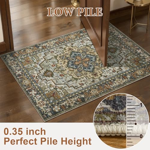 Image of Tangsoo Vintage 2x3 Washable Rugs for Entryway, Non Slip Small Area Rug Farmhouse Indoor Front Door Rug, Oriental Print Door Mat Small Carpet, Soft Low Pile Rugs for Entry Entrance Kitchen Bedroom