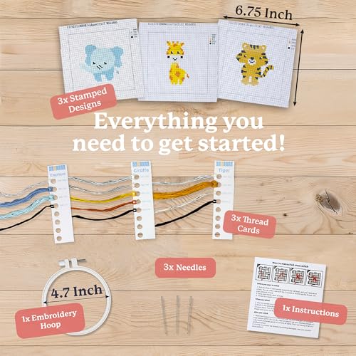 Image of Kraftex Floral Stamped Cross Stitch Kits for Beginners - 3 Pack. DIY Embroidery Needlepoint Patterns for Adults. Easy Cross Stitch Kits for Beginners (Zoo Creatures)