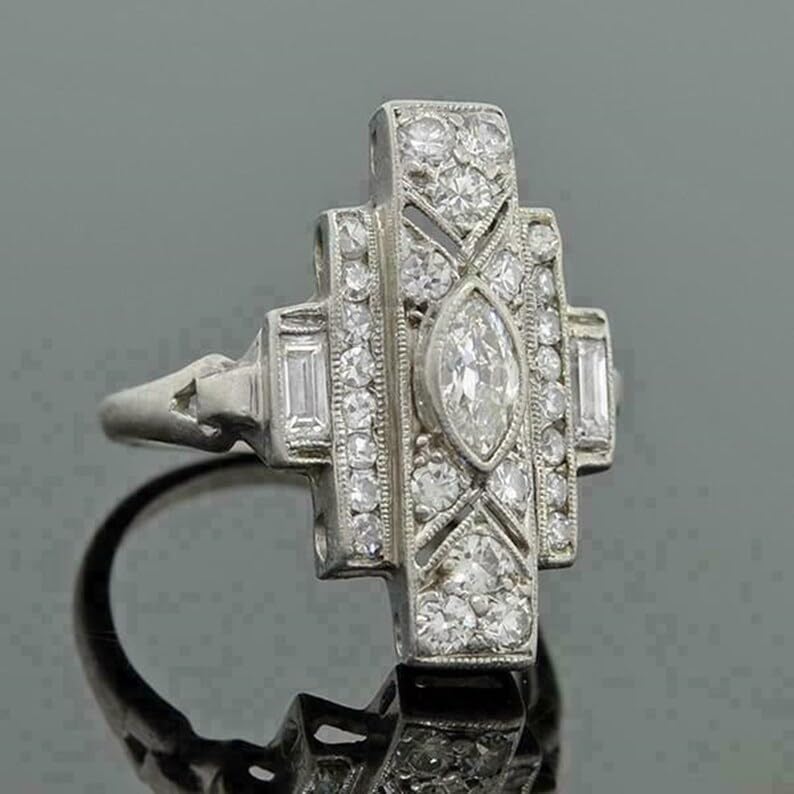 Vintage 1920s Style Engagement Ring Marquise Baguette Cut Moissanite Diamond Ring Antique Inspired Wedding Ring For Woman Gift For Her 925 Sterling Silver Handcrafted Edwardian Ring2