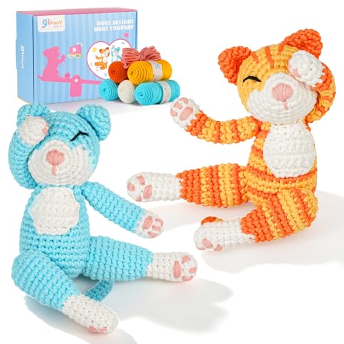 Image of Gipony Crochet Kit for Beginners Animal,Crochet Animal Kits,Crocheting Kit for Starters,Learn to Crochet with Step-by-Step Video Tutorials,Beginner Crochet Kits for Adults(2 Pack Cat)