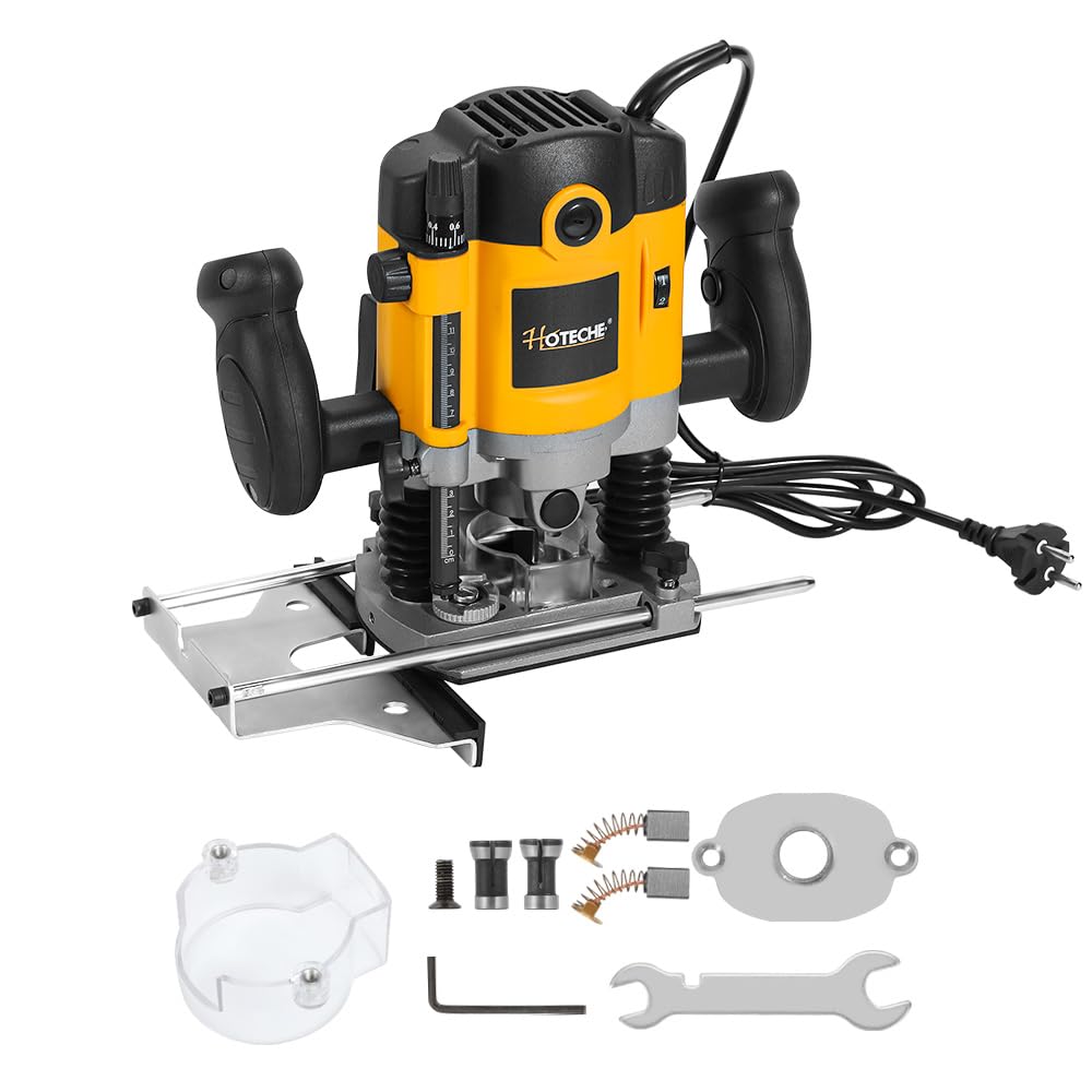 Hoteche Frezarka górnowrzecionowa 1200 W frezarka do drewna, frezarka krawędziowa 6 mm, uchwyt zaciskowy 30 mm, głębokość robocza, aluminiowa płyta podłogowa, wtyczka VDE żółta i czarna