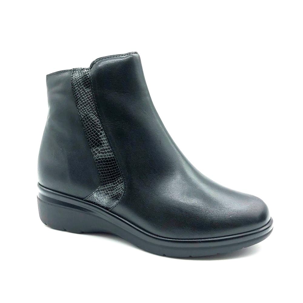 Pitillos - 10725 Botín de Mujer en Piel Napa con Detalle Serpiente, Plantilla Acolchada Extraíble, Cremallera Lateral, Cuña 4 cm, Suela Ligera Antideslizante – Negro, Hecho en España para: MUJER