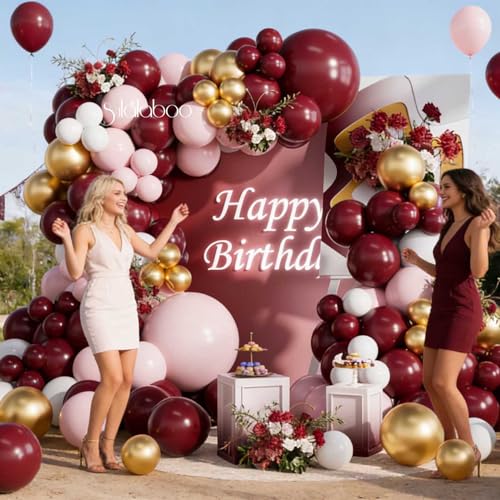 Image of Burgundy Balloons Arch Kit 155Pcs Pink White Gold 18 10 5 Inch | Maroon Light Pink Metallic Balloon Different Sizes Latex Garland for Birthday Anniversary Graduation Party Decorations