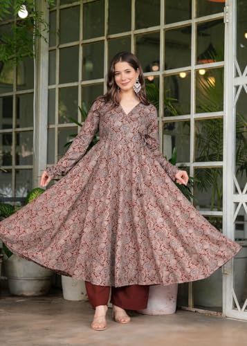 Image of Floral Foil Printed Cotton Anarkali Kurta With Palazzo Set V-Neck, Full Sleeve
